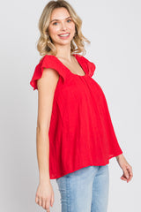 Red Gauze Square Neck Flutter Sleeve Top