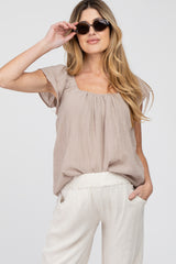 Mocha Gauze Square Neck Flutter Sleeve Maternity Top