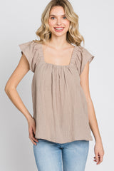 Mocha Gauze Square Neck Flutter Sleeve Top