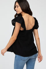 Black Gauze Square Neck Flutter Sleeve Maternity Top