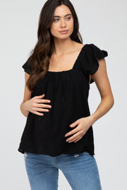 Black Gauze Square Neck Flutter Sleeve Maternity Top