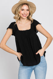 Black Gauze Square Neck Flutter Sleeve Top