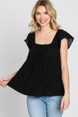 Black Gauze Square Neck Flutter Sleeve Top