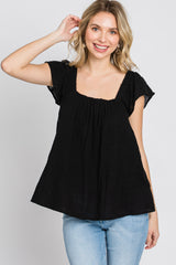 Black Gauze Square Neck Flutter Sleeve Top