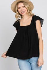 Black Gauze Square Neck Flutter Sleeve Top