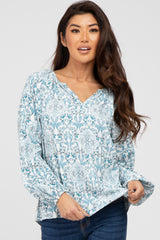 Teal Floral Long Sleeve Maternity Blouse