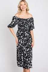 Black Floral Smocked Puff Sleeve Midi Dress