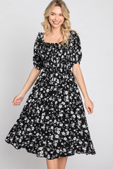 Black Floral Smocked Puff Sleeve Midi Dress