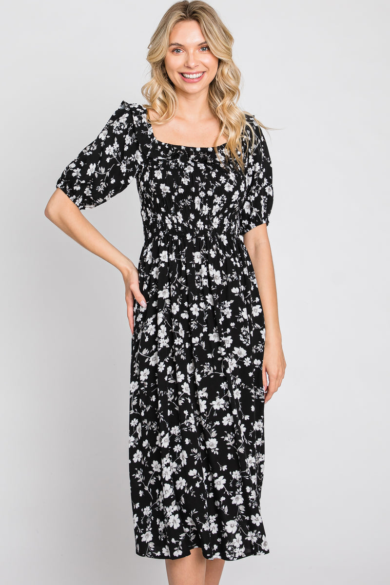 Black Floral Smocked Puff Sleeve Midi Dress – PinkBlush