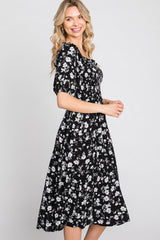 Black Floral Smocked Puff Sleeve Midi Dress