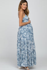 Blue Floral Square Neck Tiered Maternity Maxi Dress