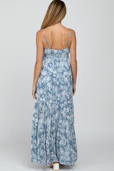 Blue Floral Square Neck Tiered Maternity Maxi Dress