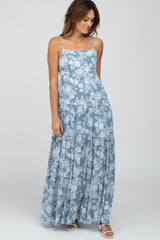 Blue Floral Square Neck Tiered Maternity Maxi Dress