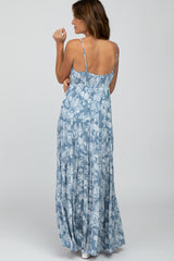 Blue Floral Square Neck Tiered Maxi Dress