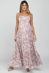 Mauve Floral Square Neck Tiered Maternity Maxi Dress