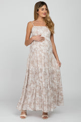 Taupe Floral Square Neck Tiered Maternity Maxi Dress