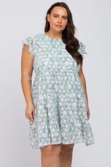 Mint Green Floral Embroidered Ruffle Hem Plus Dress