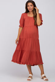 Rust Tiered Ruffle Hem Maternity Midi Dress