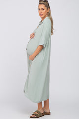 Light Olive Oversized Button Down Maternity Midi Dress