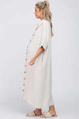 Beige Oversized Button Down Maternity Midi Dress