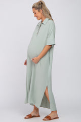 Light Olive Collared Linen Maternity Maxi Dress