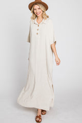 Beige Collared Linen Maxi Dress