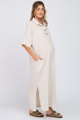 Beige Collared Linen Maternity Maxi Dress