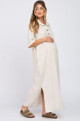 Beige Collared Linen Maternity Maxi Dress