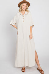 Beige Collared Linen Maternity Maxi Dress