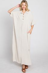 Beige Collared Linen Maxi Dress