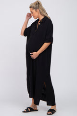 Black Collared Linen Maternity Maxi Dress