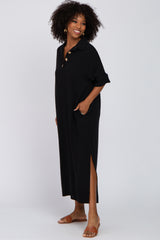 Black Collared Linen Maxi Dress