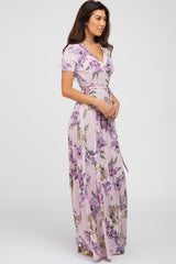 Lavender Floral Waist Tie Wrap Maxi Dress