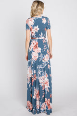 Blue Floral Wrap Nursing Maxi Dress