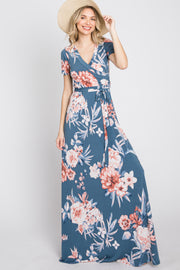 Blue Floral Wrap Nursing Maxi Dress