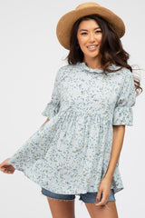 Light Blue Floral Ruffle Mock Neck Babydoll Maternity Top