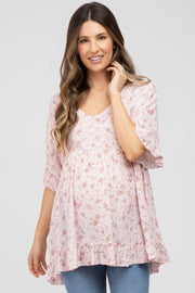 Pink Floral Ruffle V-Neck Maternity Top