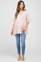 Pink Floral Ruffle V-Neck Maternity Top