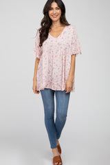 Pink Floral Ruffle V-Neck Top