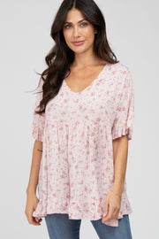 Pink Floral Ruffle V-Neck Top