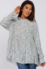 Light Blue Floral Ruffle Mock Neck Babydoll Maternity Blouse