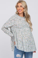 Light Blue Floral Ruffle Mock Neck Babydoll Maternity Blouse