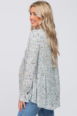 Light Blue Floral Ruffle Mock Neck Babydoll Maternity Blouse