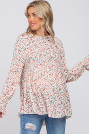 Ivory Floral Ruffle Mock Neck Babydoll Maternity Blouse