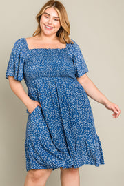 Blue Floral Smocked Plus Dress