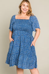 Blue Floral Smocked Plus Dress