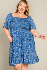 Blue Floral Smocked Plus Dress