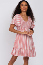 Mauve Gingham Print Smocked Dress