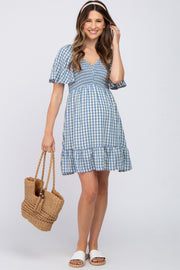 Blue Gingham Print Smocked Maternity Dress