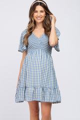 Blue Gingham Print Smocked Maternity Dress